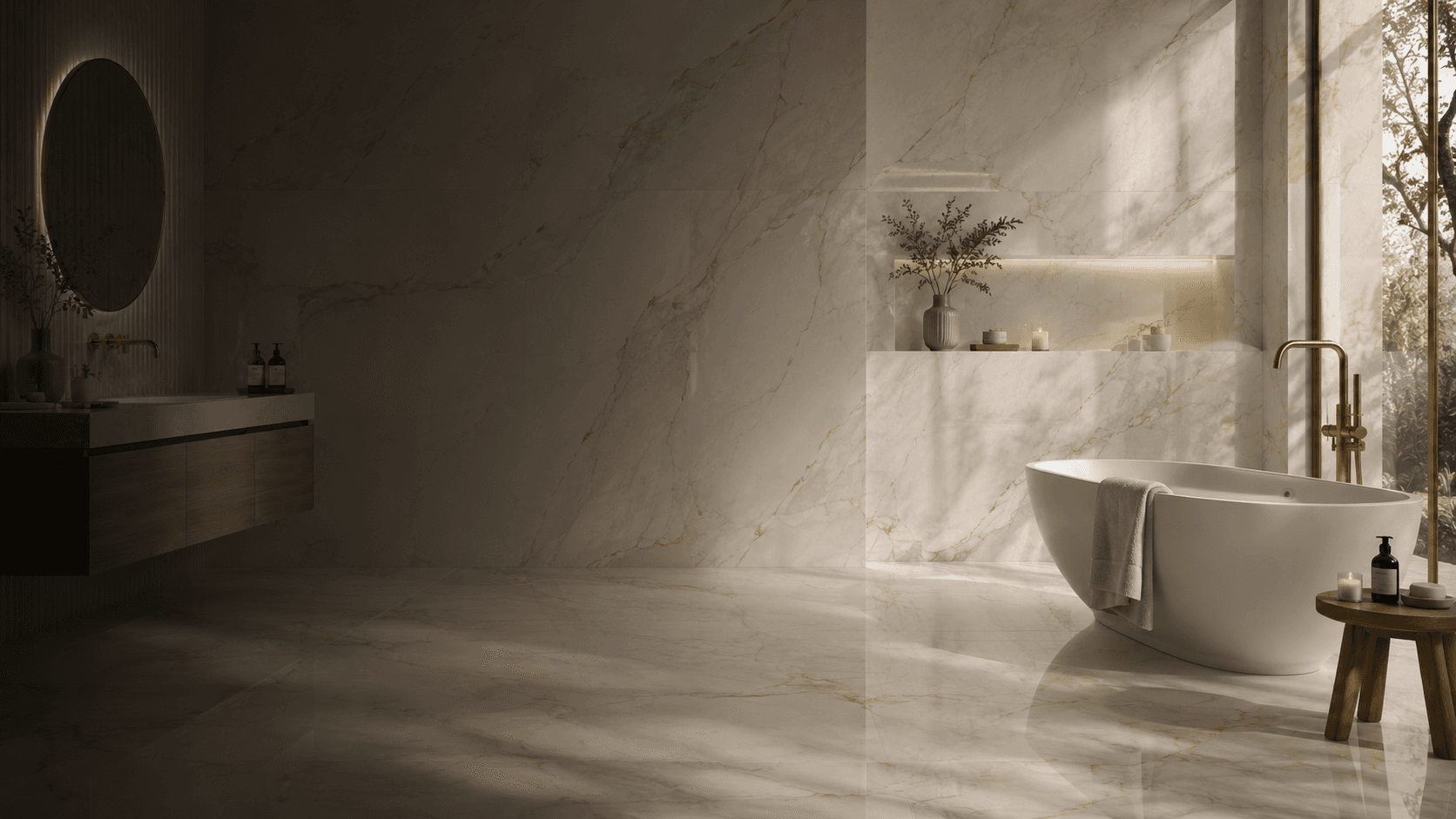 Marble-effect porcelain tiles in a luxury bathroom